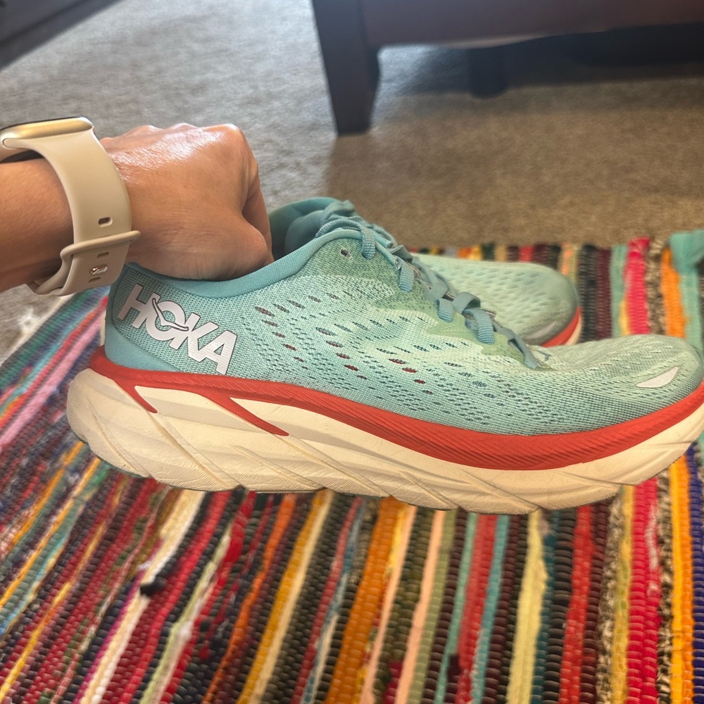 Hoka Sky Blue and Coral Athletic Shoes